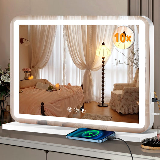 Smart mirror with digital display and phone charging station in a bedroom setting