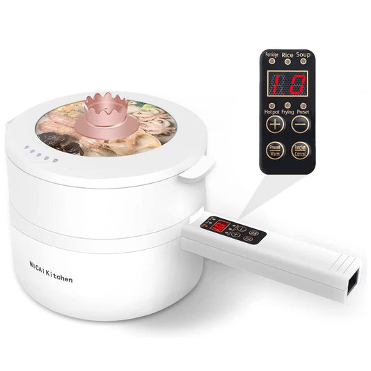 White electric multi-cooker with digital display and remote control on a white background