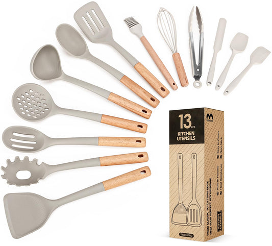 13PCS Silicone Kitchen Utensils Set – Heat-Resistant Cooking Tools with Wooden Handles
